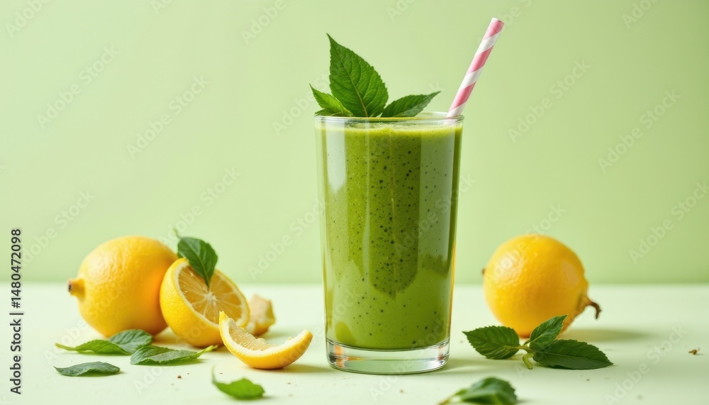 Fototapeta premium bright blended spinach smoothie in a minimalist style, using forest and honeydew shades, crisp contours, airy layout, lively aesthetic, high resolution
