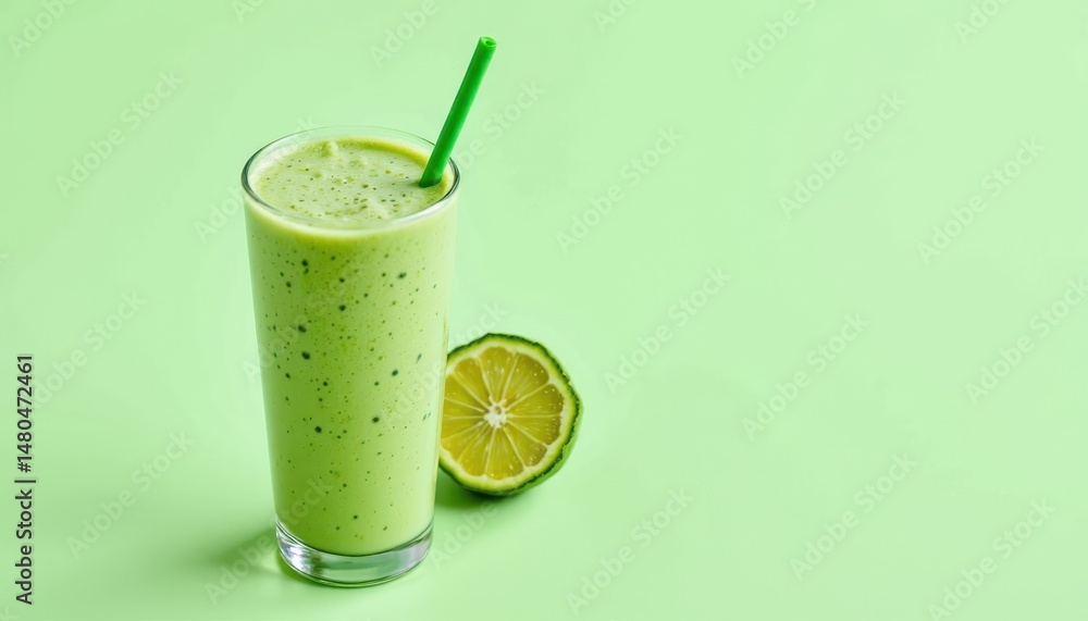 Fototapeta premium bright glowing green smoothie in a minimalist style, using neon mint and pale basil shades, crisp contours, airy layout, lively aesthetic, high resolution