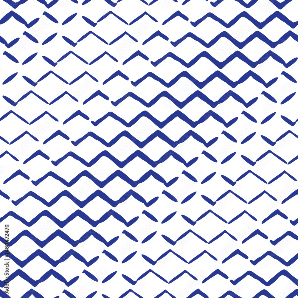 Fototapeta premium Doodle zig zag seamless vector pattern background. Abstract navy blue horizontal hand drawn chevron lines on white backdrop. Geometric repeating stripes. Wavy fabric texture.