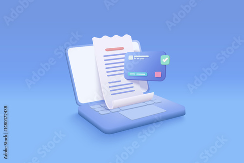 3d pay money with smart laptop banking online payment concept. Bill on notebook transaction with credit card. laptop with financial paper on background. 3d bill payment vector icon render illustration