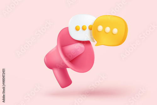 3d megaphone speaker or loudspeaker bullhorn for announce promotion in background, megaphone loud hailer with microphone, speakerphone 3d icon vector render illustration for alert and announcement