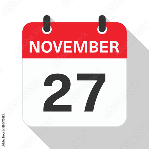 November 27 Daily Calendar. Red Theme on White Background