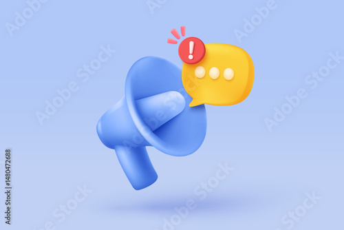3d megaphone speaker or loudspeaker for announce. Comment reply is false, correct, problem, fail alert and announcement with speech bubbles. Speakerphone notice 3d icon vector render illustration