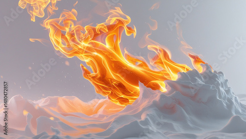 Abstract conceptual visualization of fire emerging from a snowy white landscape against gray sky