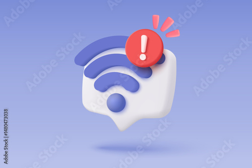 3d wireless connect and sharing network on internet with alert notice. Hotspot access point for false, problem, fail to connect. Broadcasting area with WiFi. 3d signal vector icon render illustration