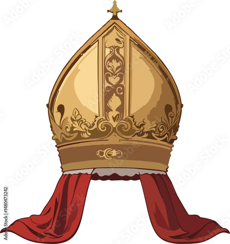 Golden Papal Mitre with Red Drapes – Ornate Catholic Bishop Hat Vector Illustration on White Background