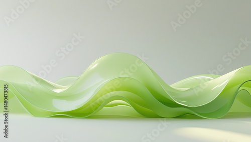 Abstract green waves flowing across a white surface creating a sense of depth and movement