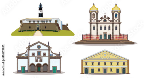 Vector set of famous places in Salvador, a city in the state of Bahia, Brazil. Includes a lighthouse, a museum of sacred art, a market and a famous church.