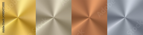 Polished metal radial gradient palette. Silver gold color circle effect. Holographic steel texture background. Chrome platinum finish vector foil. Bronze aluminum circular brushed plate surface sheet