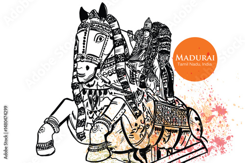 Madurai kallalagar temple Lord vishnu vector illustration hand drawing art 