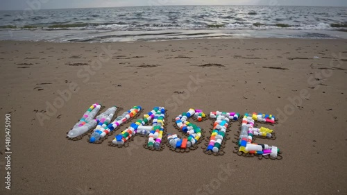 Mot DÉCHET ou WASTE Fait de Bouteilles et Ordures en Plastique sur une Plage Sablonneuse, Concept de Pollution Océanique, Vidéo en Boucle