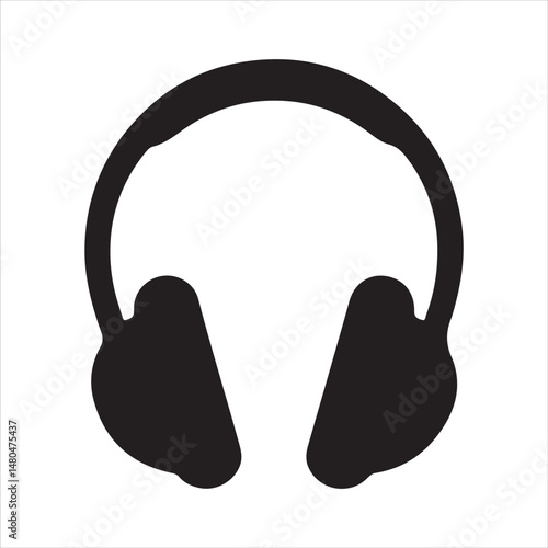 Simple black headphones silhouette graphic white background.