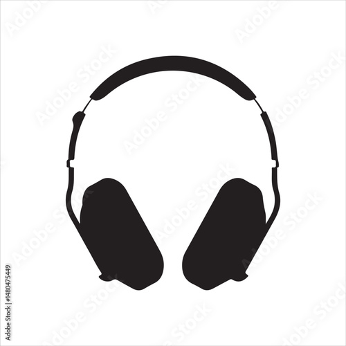 Simple black headphones silhouette graphic white background.