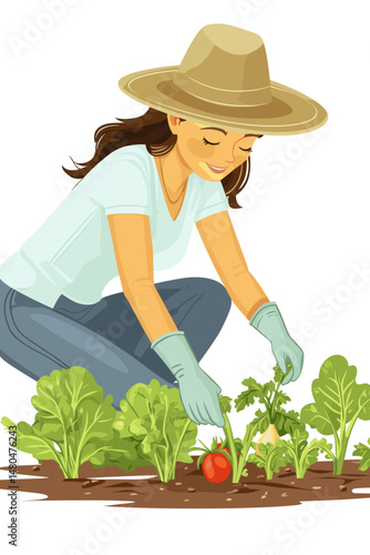 Happy Gardener Cultivating Organic Greens in Summer
