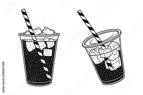 Black and white line drawing illustration, two drinks in plastic cups.