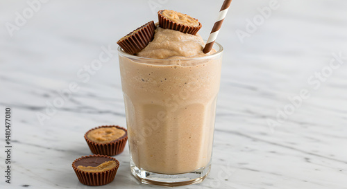 Delicious Peanut Butter Cup Milkshake Topped with Chocolate Candy Pieces