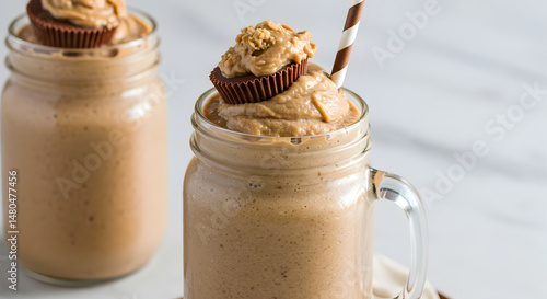 Delicious Peanut Butter Smoothie Topped With Candy Cups Ready To Enjoy