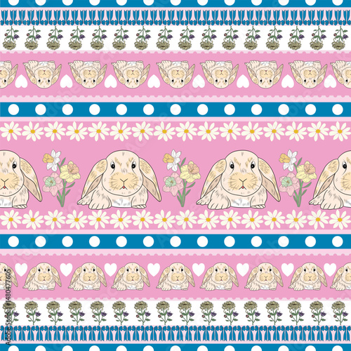 Cute bunny pattern on pink background.