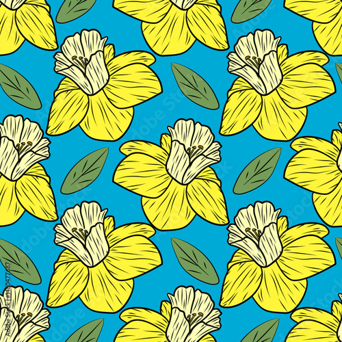 Vibrant yellow flowers on blue background.