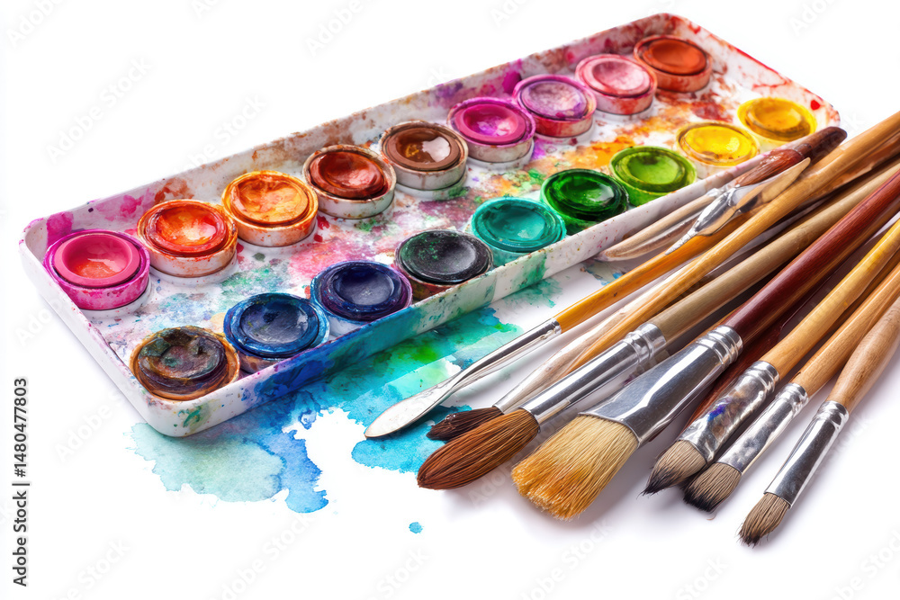 Fototapeta premium Vibrant watercolor palette and brushes ready for expressive painting activities in a creative workspace