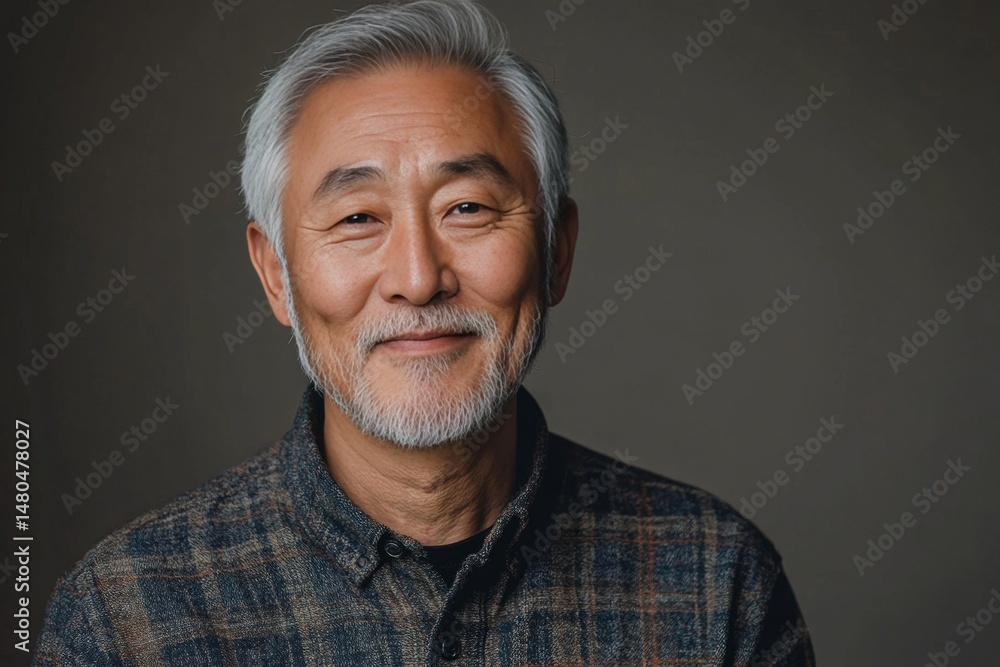 Obraz premium A portrait of a wise and serene Asian man in his senior years, emanating a sense of calm and contentment. The portrait captures the beauty of aging with dignity.