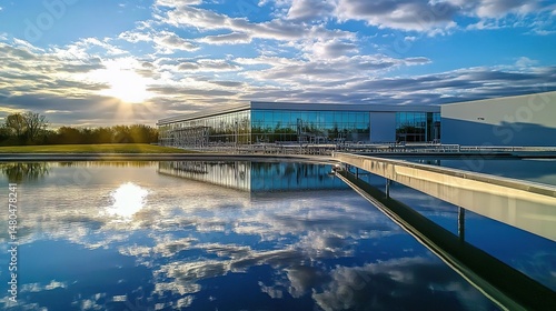 Wallpaper Mural Modern Building with Reflective Water Feature at Sunset Torontodigital.ca