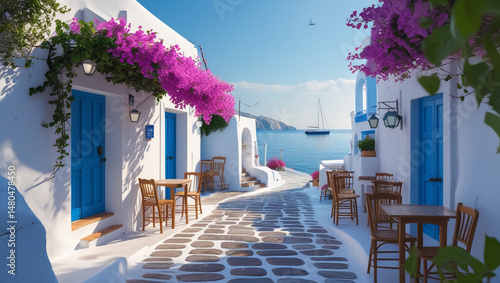 Fototapeta Naklejka Na Ścianę i Meble -  Charming greek village street scene with vibrant bougainvillea and coastal views under blue sky