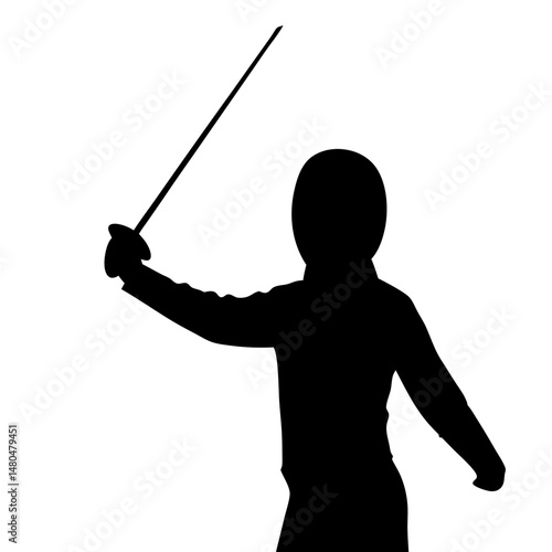 A black silhouette of a fencer poised with foil on a white background