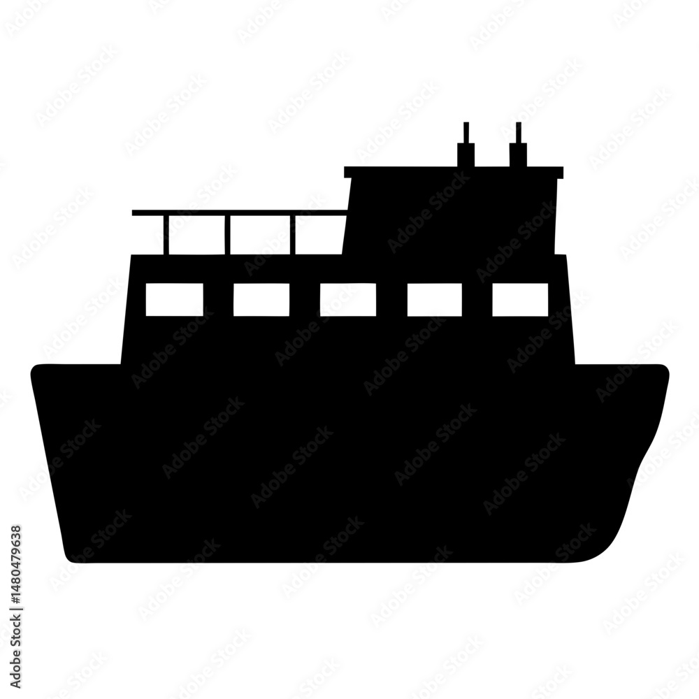 Obraz premium Black silhouette of a modern passenger ferry boat against a white background