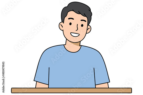 Young Man in Blue Shirt Sitting at Table Smiling Cheerfully with Simple Background