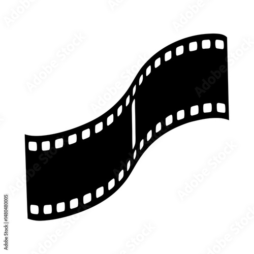 Wavy Black Film Strip with Perforations on White Background, Cinema Concept
