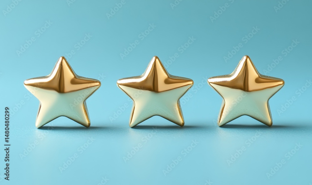 Obraz premium Three gleaming gold stars arranged on a light blue backdrop, showcasing elegance and sophistication. Embodying ideals such as rating, feedback and ranking. 