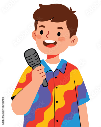 Joyful Boy Smiling in Colorful Shirt Holding Microphone Ready for Performance and Fun
