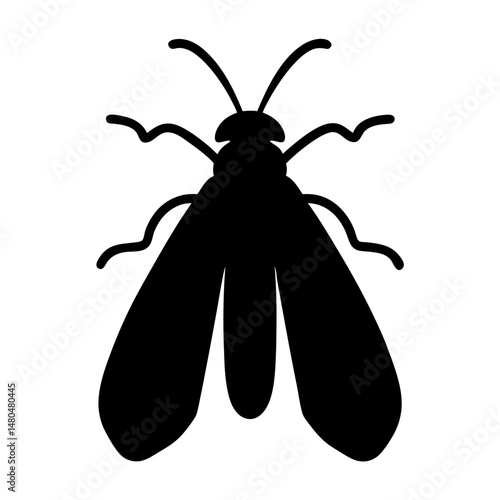 Minimalist illustration of a black moth with simple design on white backdrop