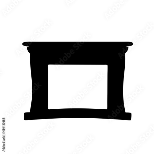 Silhouette of an empty fireplace mantel with a rectangular opening in black