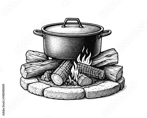 Black and white campfire with cooking pot line art vector graphic