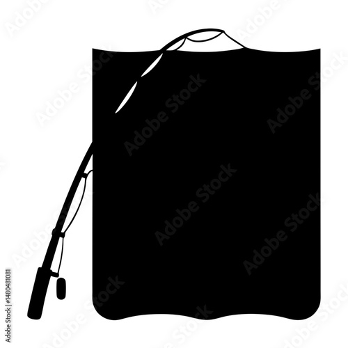 Monochrome illustration of a fishing rod cast into a dark, mysterious water