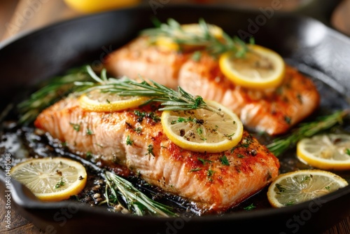 Freshly grilled salmon fillets garnished with lemon slices and herbs in a skillet on a wooden table