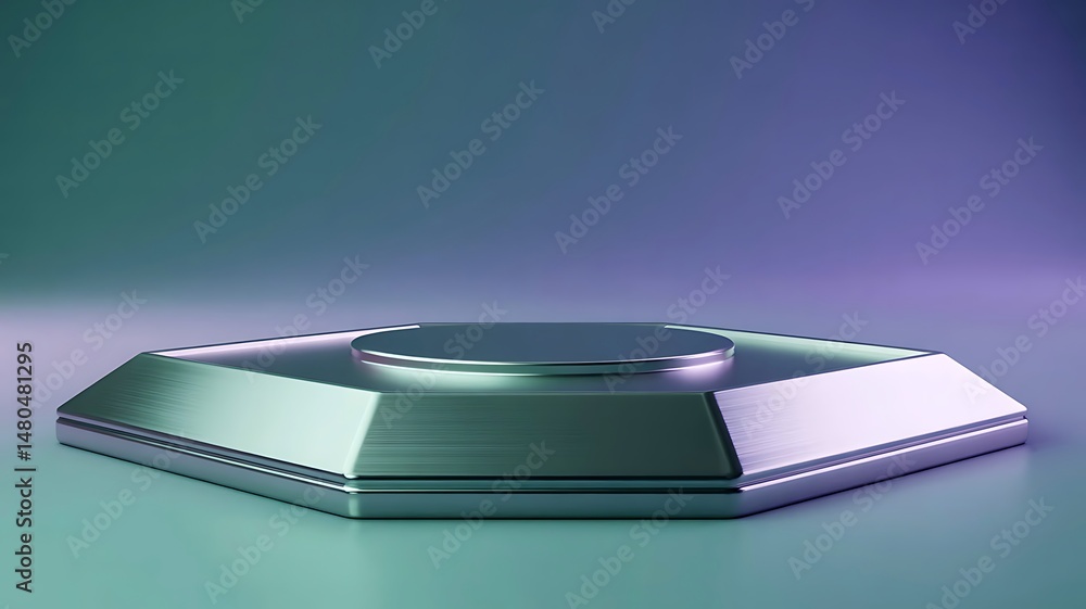 Metallic Hexagon Display: A striking geometric platform made of brushed metal, elevated and centrally positioned on a gradient blue and green backdrop. Metallic Hexagon Display: A striking geometric platform made of brushed metal, elevated and centrally positioned on a gradient blue and green backdrop.