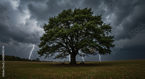 Thunderstorm over a solitary tree. Photos.