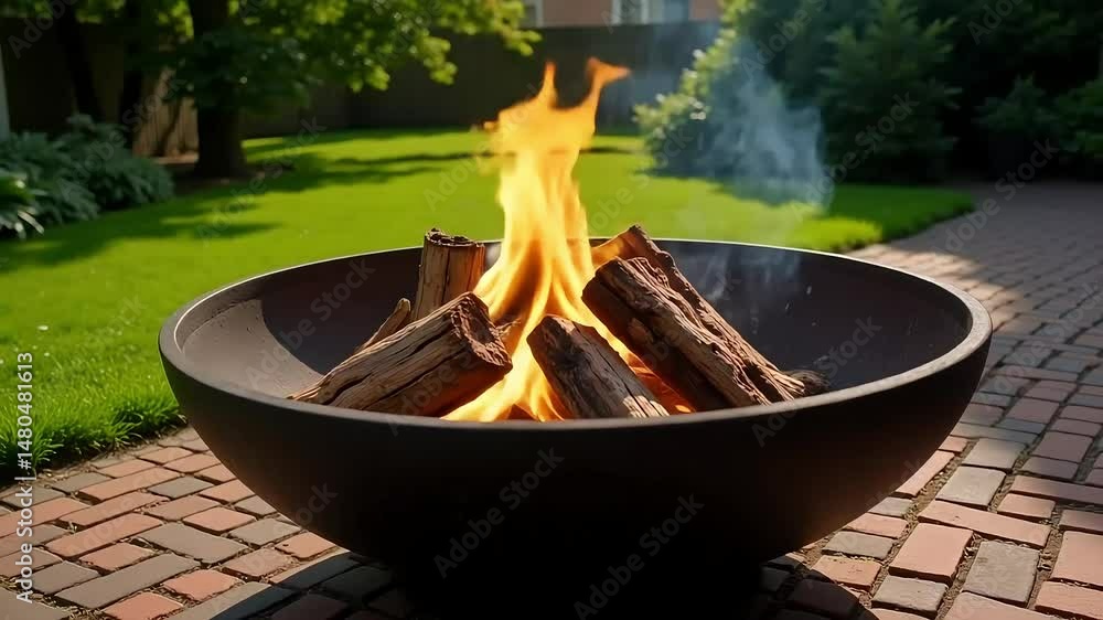 Relaxing Backyard Fire Pit Scene with Warm Flames and Lush Green Grass Relaxing Backyard Fire Pit Scene with Warm Flames and Lush Green Grass
