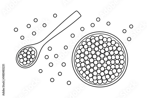 Black and white line drawing of caviar in a spoon and dish