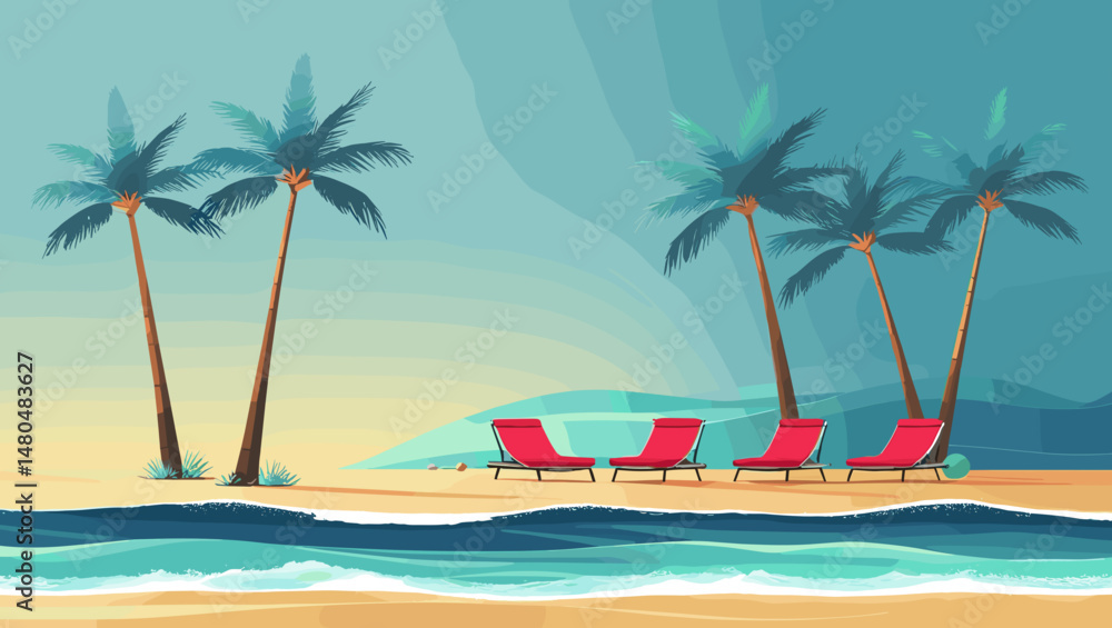 Fototapeta premium Tropical beach landscape with red loungers and palm trees under a clear sky
