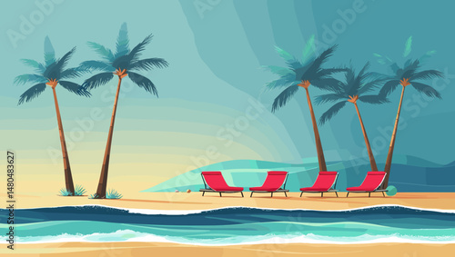 Tropical beach landscape with red loungers and palm trees under a clear sky