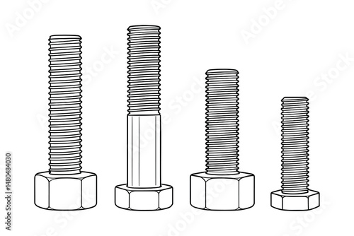 Isolated line art vector illustration of 4 metal screws with bolt heads.