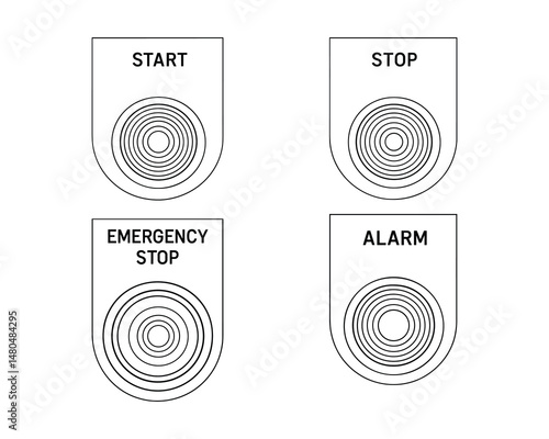 Line art illustration of start, stop, emergency, and alarm buttons.