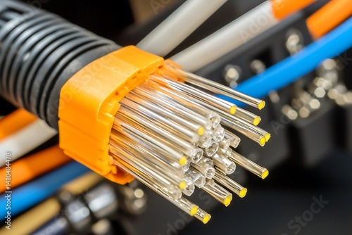 Fiber Optic Cable with Orange Connector and Yellow Tips Close-Up