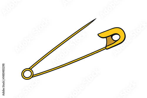 Vector art of a golden safety pin, open on a white background.