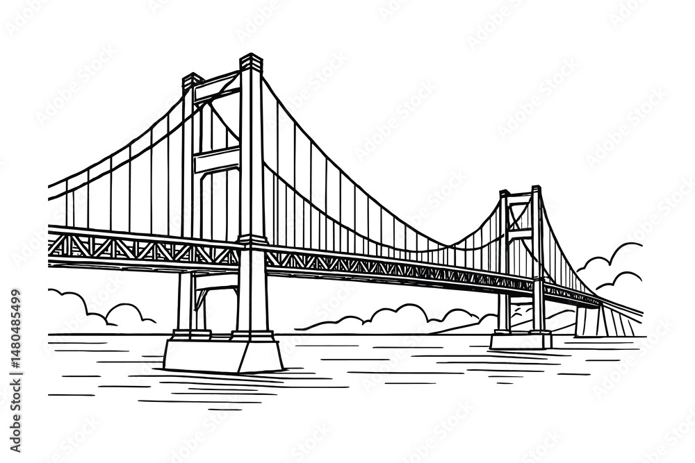 Fototapeta premium Line drawing of a suspension bridge. Vector art illustration.