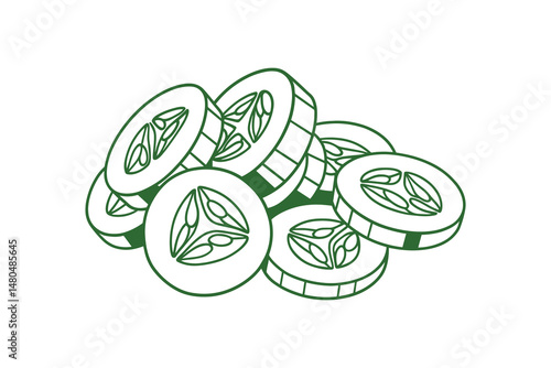 Sliced cucumbers, vegetable vector illustration, line art design.